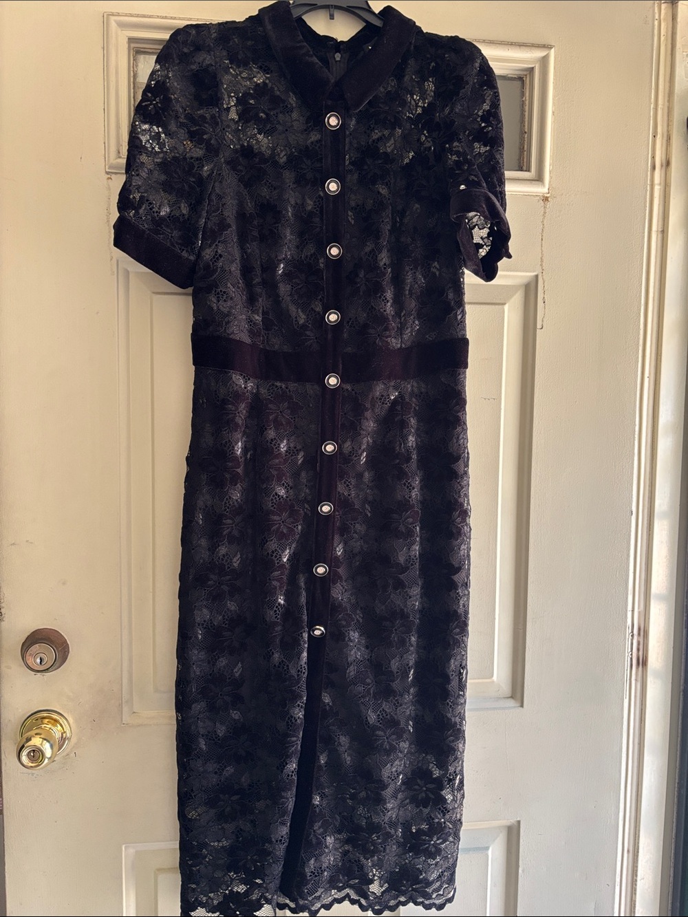 NVLT Black Lace Button-Front Midi Dress with Velvet Trim